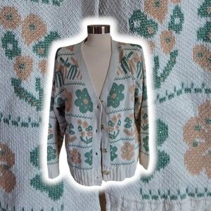 SHEIN Floral Knit Cardigan - Cream, Green, and Tan